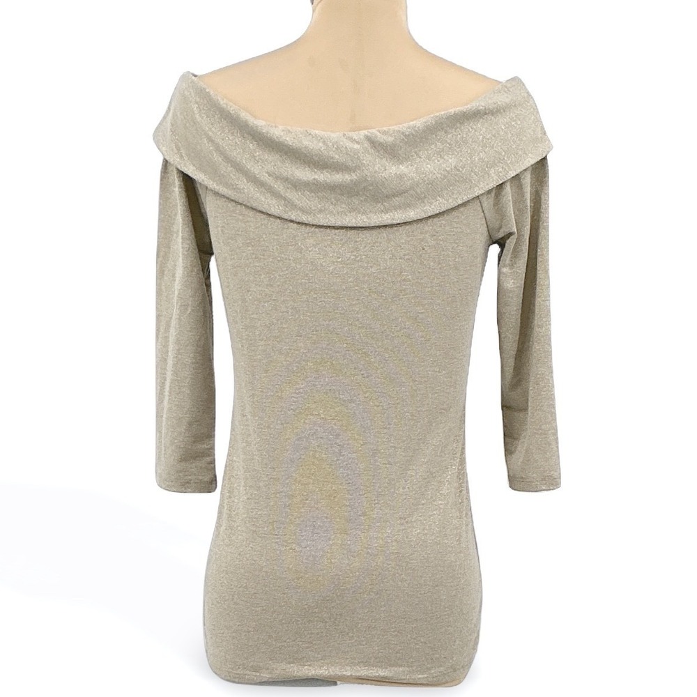 White House Black Market XS‎ Off Shoulder Top Champagne Gold 3/4 Sleeve Shimmer - Picture 3 of 6